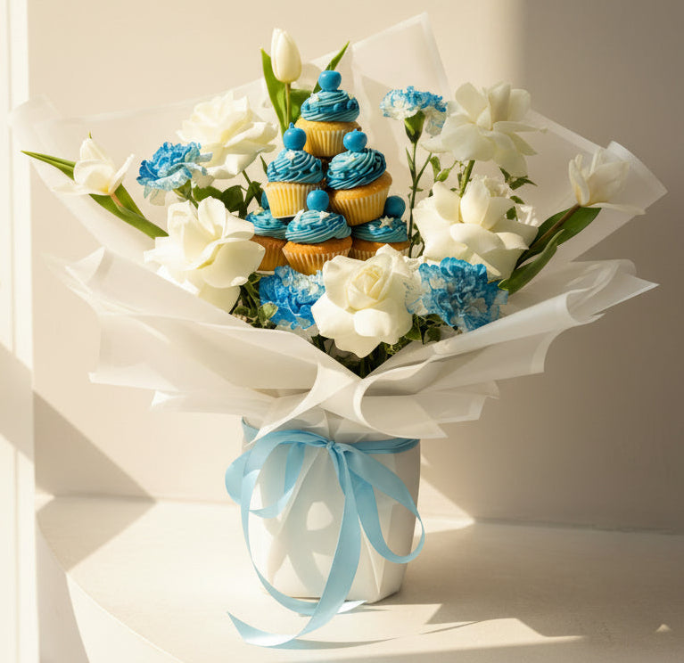 Bouquet of flowers with blue and white decorative elements on a neutral background