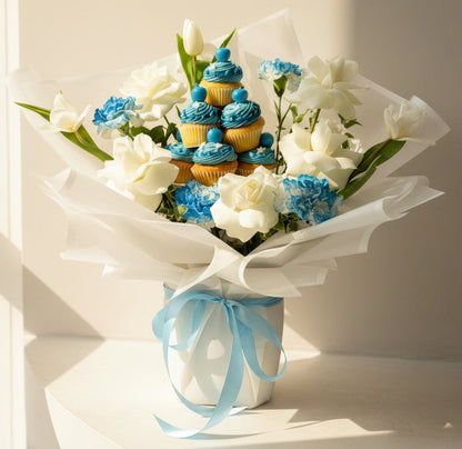Bouquet of flowers with blue and white decorative elements on a neutral background